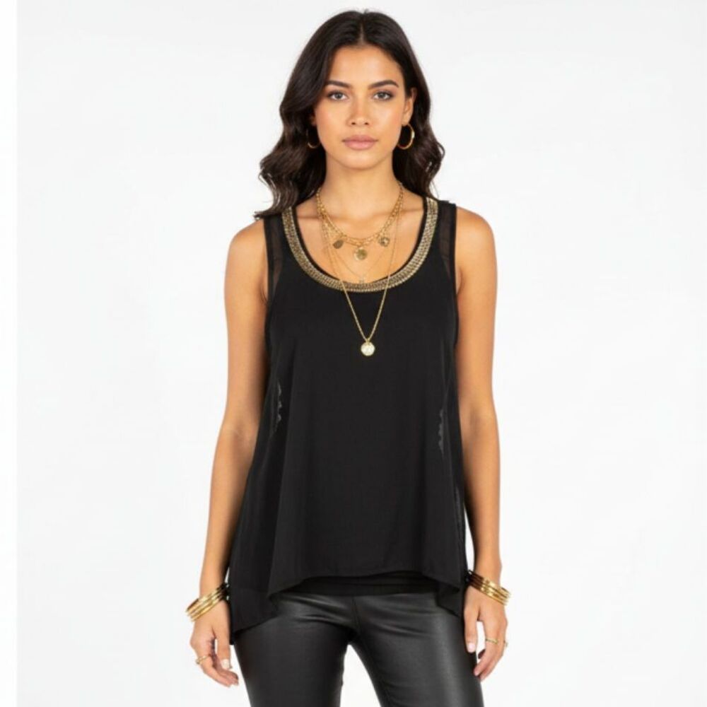 First Level Sheer Metallic Neck Mesh Sleeveless Tank Top S